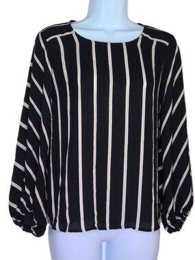 Loft Petite Flowy Top Black Cream & White Striped Career 3/4 Puff Sleeve Sz XXSP